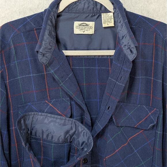 Fieldmaster Vintage Blue Plaid Wool Blend Button Up Shirt Men’s Size L - Picture 12 of 12